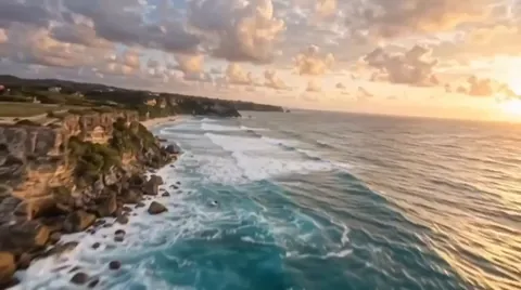 Caribbean coastline and waves at sunset